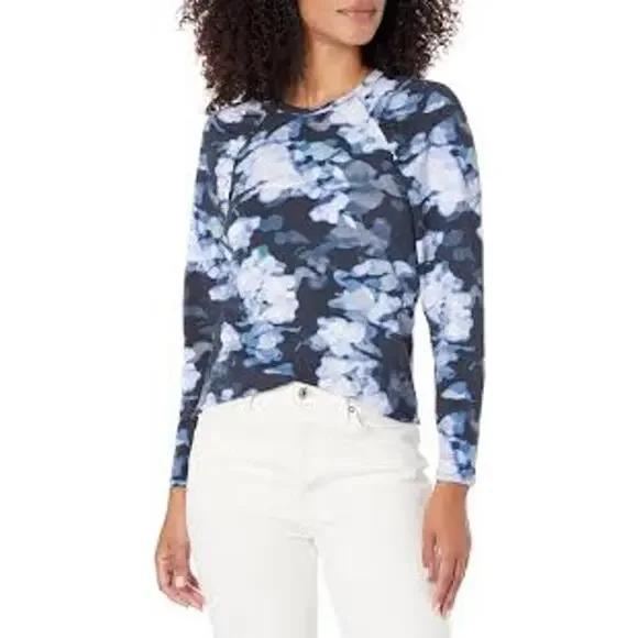 NZT Nic + Zoe Blurred Floral Long Sleeve Puff Shoulder Knit Tee Blue NWT Large - Picture 3 of 11